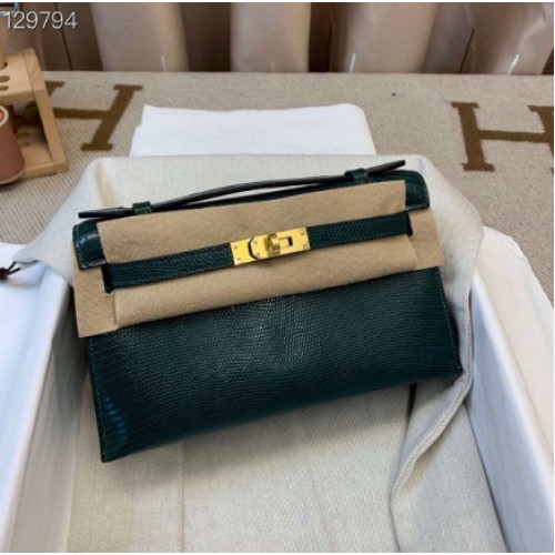 Geantă Hermes Kelly 22CM din piele originală Lizard KL22 Verde închis
