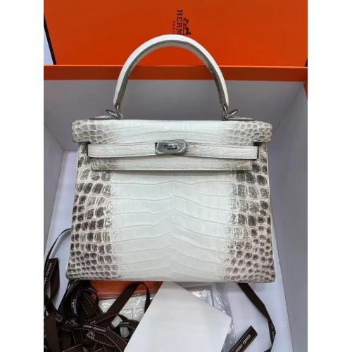 Geantă Hermes Kelly 25CM originală din piele de crocodil de Nil sud-african KL25 alb și gri