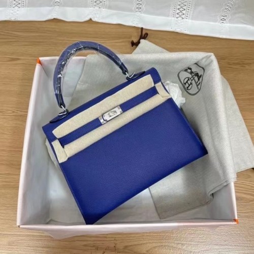 Genți de umăr Hermes Kelly 25cm Epsom KL2755 Albastru electrooptic și metal argintiu