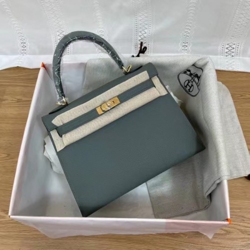 Genți de umăr Hermes Kelly 25cm Epsom KL2755 Albastru ceață și metal auriu