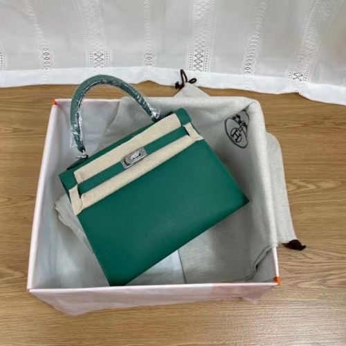 Genți de umăr Hermes Kelly 25cm Epsom KL2755 Verde lac și metal argintiu