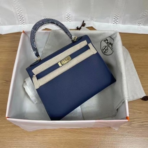 Genți de umăr Hermes Kelly 25cm Epsom KL2755 Albastru regal și metal auriu