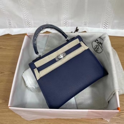 Genți de umăr Hermes Kelly 25cm Epsom KL2755 Albastru regal și metal argintiu