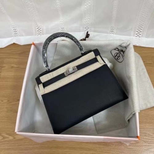 Genți de umăr Hermes Kelly 25cm Epsom KL2755 negru și argintiu-Metal
