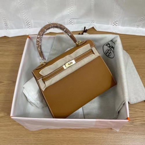 Genți de umăr Hermes Kelly 25cm Epsom KL2755 maro și auriu-Metal