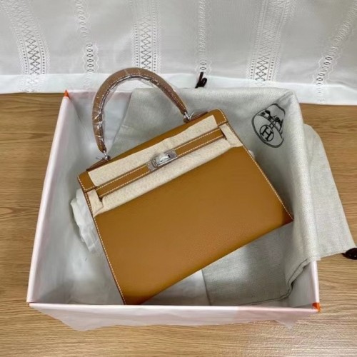 Genți de umăr Hermes Kelly 25cm Epsom KL2755 maro și argintiu-Metal