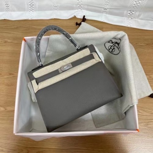 Genți de umăr Hermes Kelly 25cm Epsom KL2755 gri închis și metal argintiu