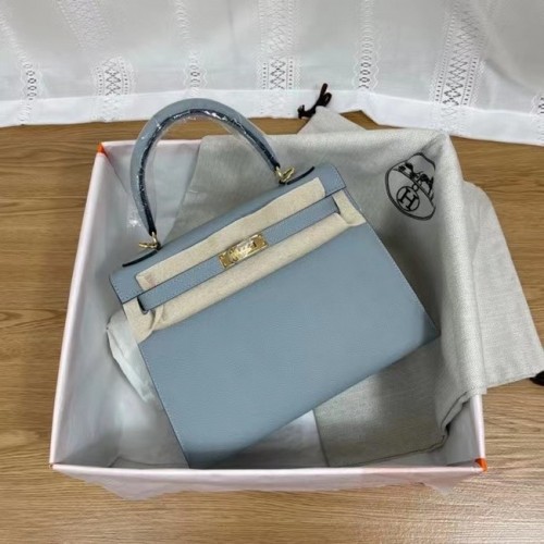 Genți de umăr Hermes Kelly 25cm Epsom KL2755 albastru deschis și metal auriu