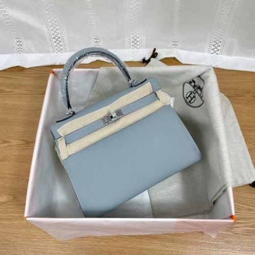 Genți de umăr Hermes Kelly 25cm Epsom KL2755 albastru deschis și metal argintiu