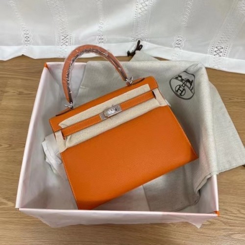 Genți de umăr Hermes Kelly 25cm Epsom KL2755 portocaliu și argintiu-Metal