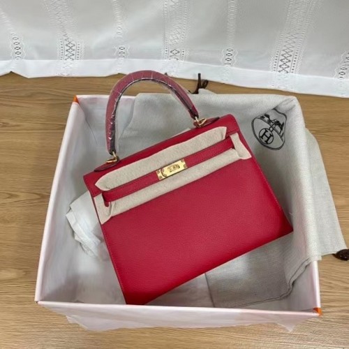 Genți de umăr Hermes Kelly 25cm Epsom KL2755 roșu și auriu-Metal