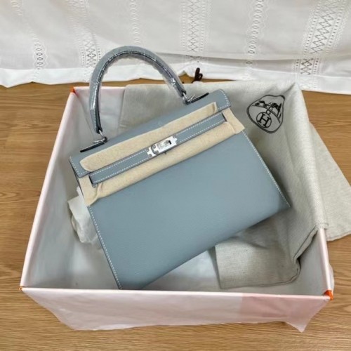 Genți de umăr Hermes Kelly 25cm Epsom KL2755 albastru deschis și metal argintiu