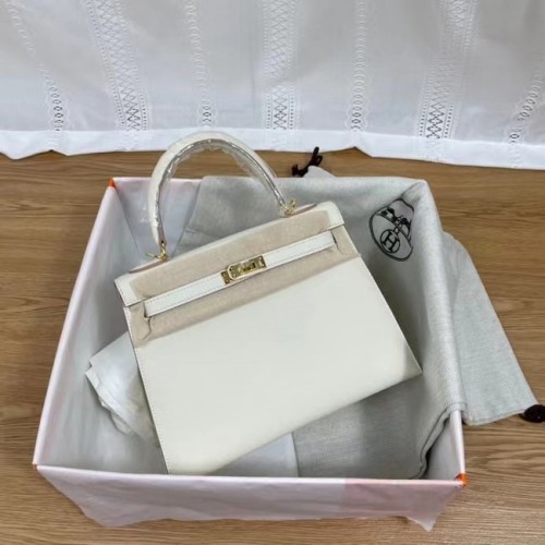 Genți de umăr Hermes Kelly 25cm Epsom KL2755 alb și auriu