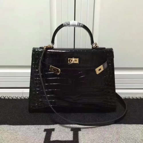 Geantă de umăr Hermes Kelly 28cm din piele Croco K28 Negru