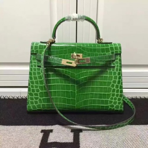 Geantă de umăr Hermes Kelly 28cm din piele Croco K28 Verde