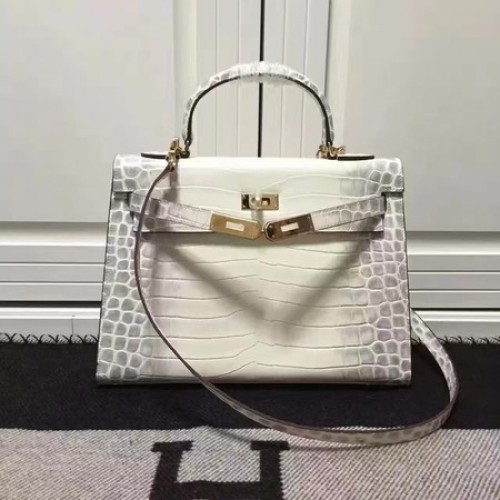 Geantă de umăr Hermes Kelly 28cm din piele Croco K28 OffWhite