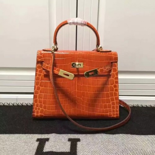Geantă de umăr Hermes Kelly 28cm din piele Croco K28 portocalie