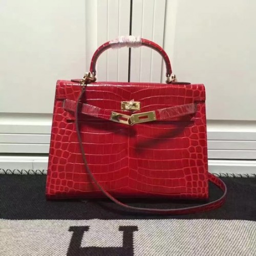 Geantă de umăr Hermes Kelly 28cm din piele Croco K28 roșie