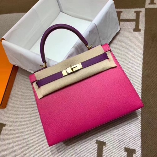 Genți de umăr Hermes Kelly 28cm din piele Epsom KL28 prună roșu și violet