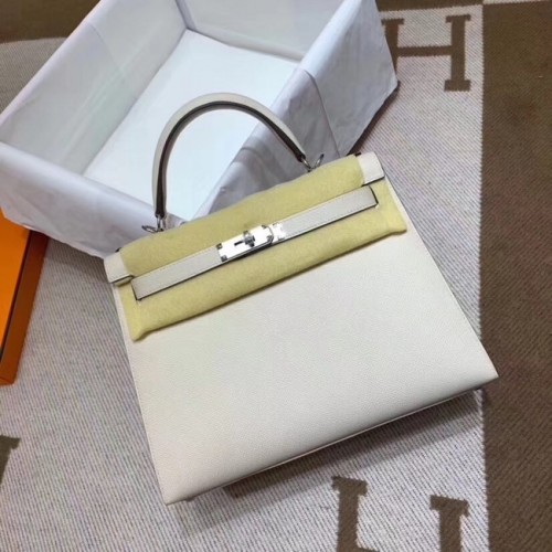 Genți de umăr Hermes Kelly 28cm din piele Epsom KL28 alb-crem