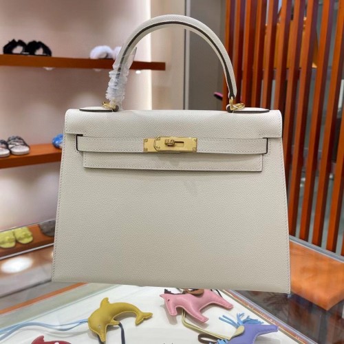 Genți de umăr Hermes Kelly 28cm din piele Epsom KL28 alb-crem cu accesorii aurii
