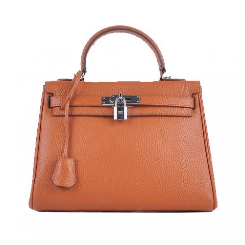 Genți de umăr Hermes Kelly 28cm, portocalii, din piele granulată, argintii