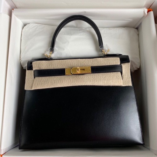 Genți de umăr Hermes Kelly 28cm din piele netedă KL28 Negre
