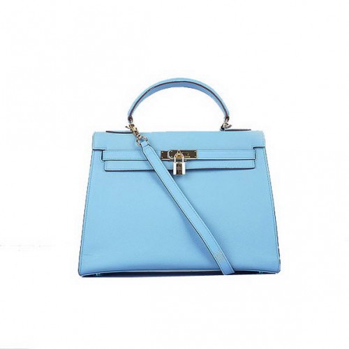 Genți Hermes Kelly 32cm de calitate superioară, piele de vițel albastră, aurii