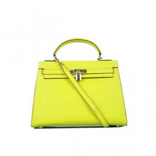 Genți Hermes Kelly 32cm, stil fierbinte, din piele de vițel galbenă, aurii