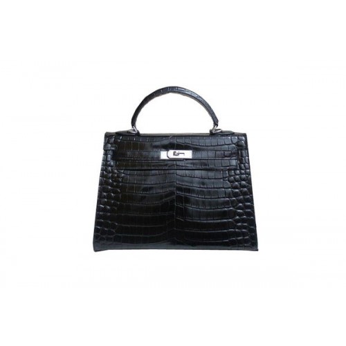 Geantă de umăr Hermes Kelly 32cm Negru Croco Piele Lacută K32 Argintiu