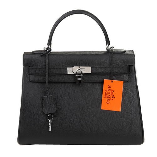 Geantă de umăr Hermes Kelly 32cm neagră din piele originală K32 argintie