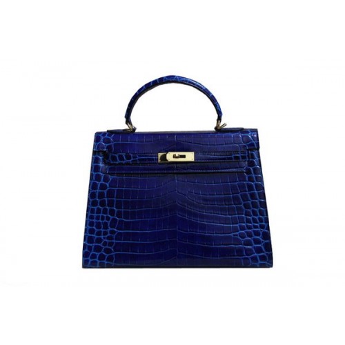 Geantă de umăr Hermes Kelly 32cm, albastră, din piele lăcuită Croco, K32 argintie