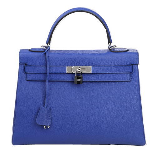 Geantă de umăr Hermes Kelly 32cm albastră din piele originală K32 argintie