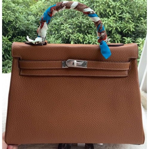 Geantă de umăr Hermes Kelly 32cm din piele de vițel maro K32CL argintie