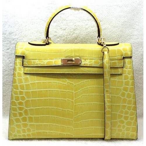 Geantă de umăr Hermes Kelly 32cm din piele Croco K32 galbenă