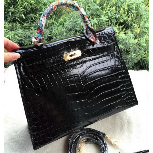Geantă de umăr Hermes Kelly 32cm din piele Croco K32CO neagră