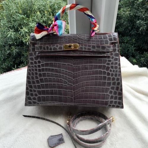 Geantă de umăr Hermes Kelly 32cm din piele Croco K32CO gri
