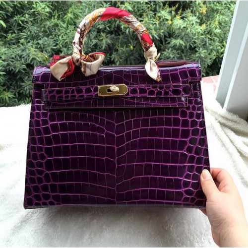 Geantă de umăr Hermes Kelly 32cm din piele Croco K32CO violet
