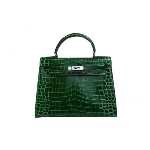 Geantă de umăr Hermes Kelly 32cm, verde, din piele lăcuită Croco K32 argintie