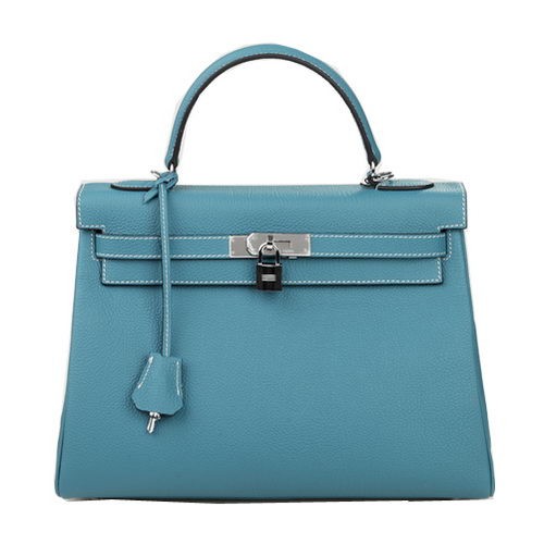 Geantă de umăr Hermes Kelly 32cm, albastru deschis, din piele originală K32 argintie