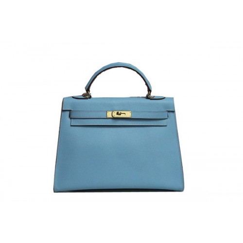 Geantă de umăr Hermes Kelly 32cm, albastru deschis, piele Saffiano K32 aurie