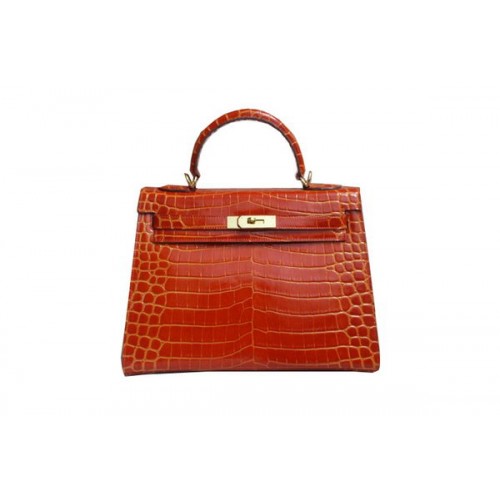 Geantă de umăr Hermes Kelly 32cm, portocalie, din piele lăcuită Croco K32, aurie