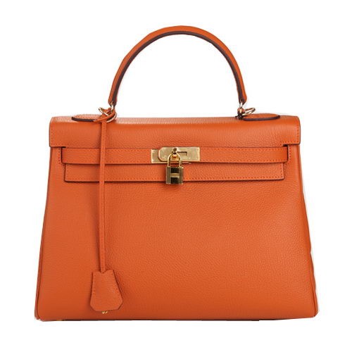 Geantă de umăr Hermes Kelly 32cm, portocalie, din piele originală K32 aurie
