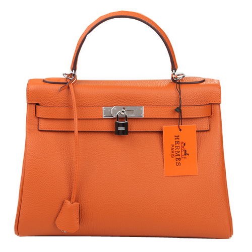 Geantă de umăr Hermes Kelly 32cm, portocalie, din piele originală K32 argintie