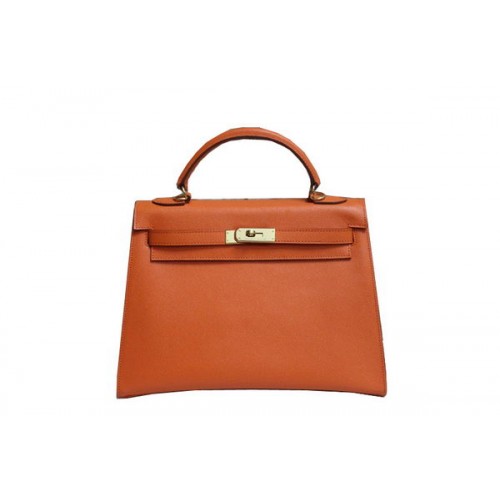 Geantă de umăr Hermes Kelly 32cm din piele Saffiano portocalie K32 aurie