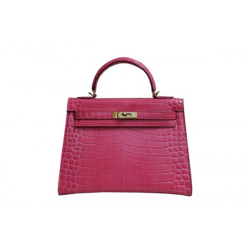 Geantă de umăr Hermes Kelly 32cm, roz, din piele lăcuită Croco K32, auriu