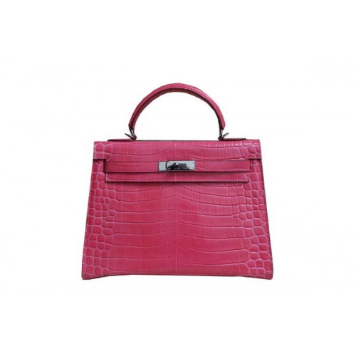 Geantă de umăr Hermes Kelly 32cm, roz, din piele lăcuită Croco K32 argintie