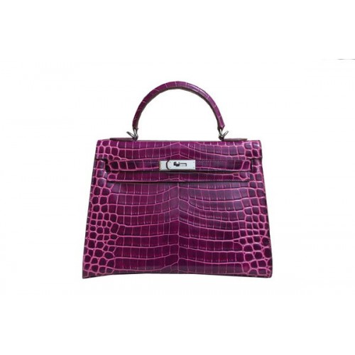 Geantă de umăr Hermes Kelly 32cm, culoare croco, mov, piele lăcuită K32 argintie