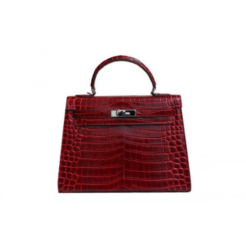 Geantă de umăr Hermes Kelly 32cm, piele de cocos roșie, K32 argintie
