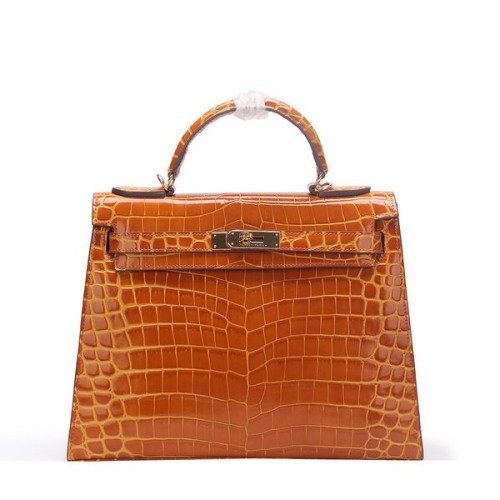 Geantă de umăr Hermes Kelly 32cm din piele naturală crocodil K32 aurie